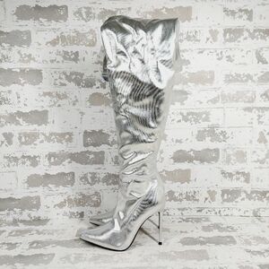 NEW Wild Diva Lounge Shaya Silver Pointy Toe High Heeled Over-the-knee Boot i929